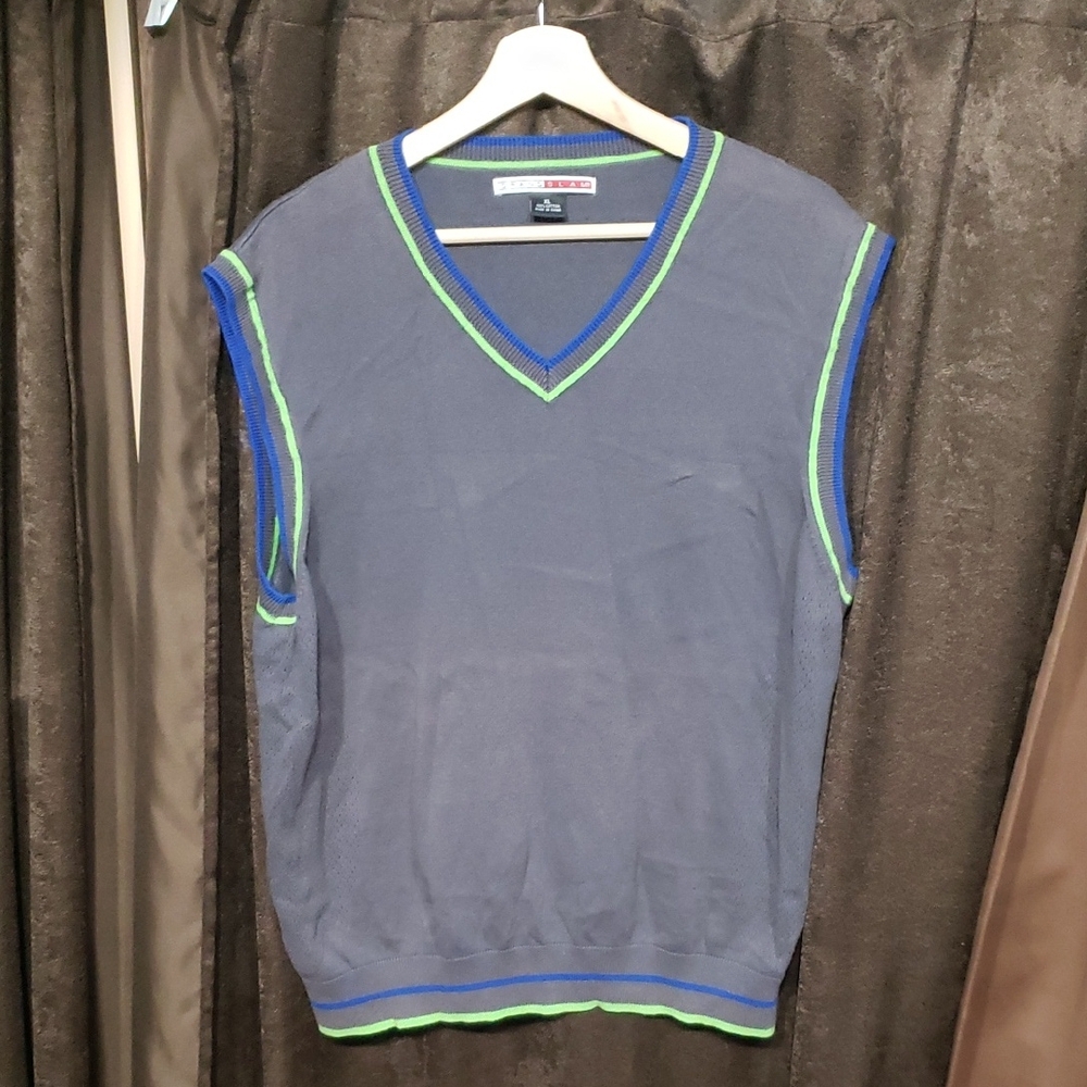 Grand Slam V-Neck Sweater Vest in Gray with Blue and Green Trim 100% Cottom XL